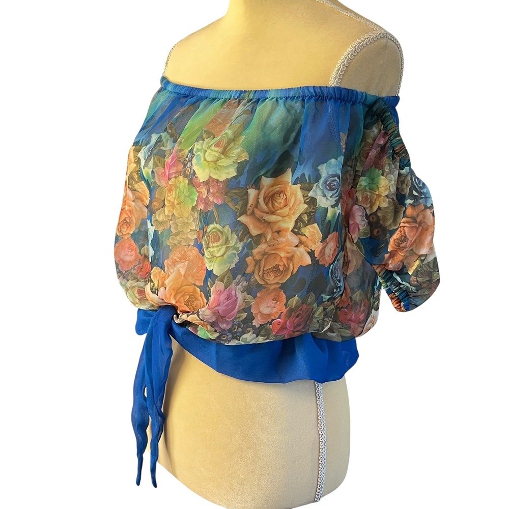 Floral Chiffon Off Shoulder Crop Top Tie Front Blouse Summer Boho Women's XS - Picture 12 of 16